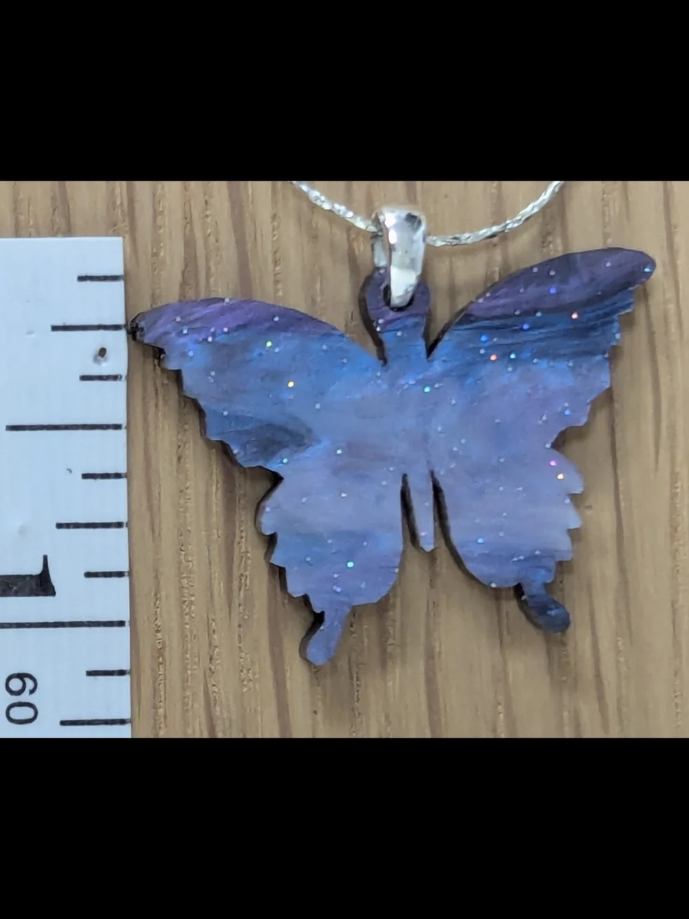 Blue Lavender Butterfly Necklace Reversible Pendant Silver Chain 16.5” + 2 